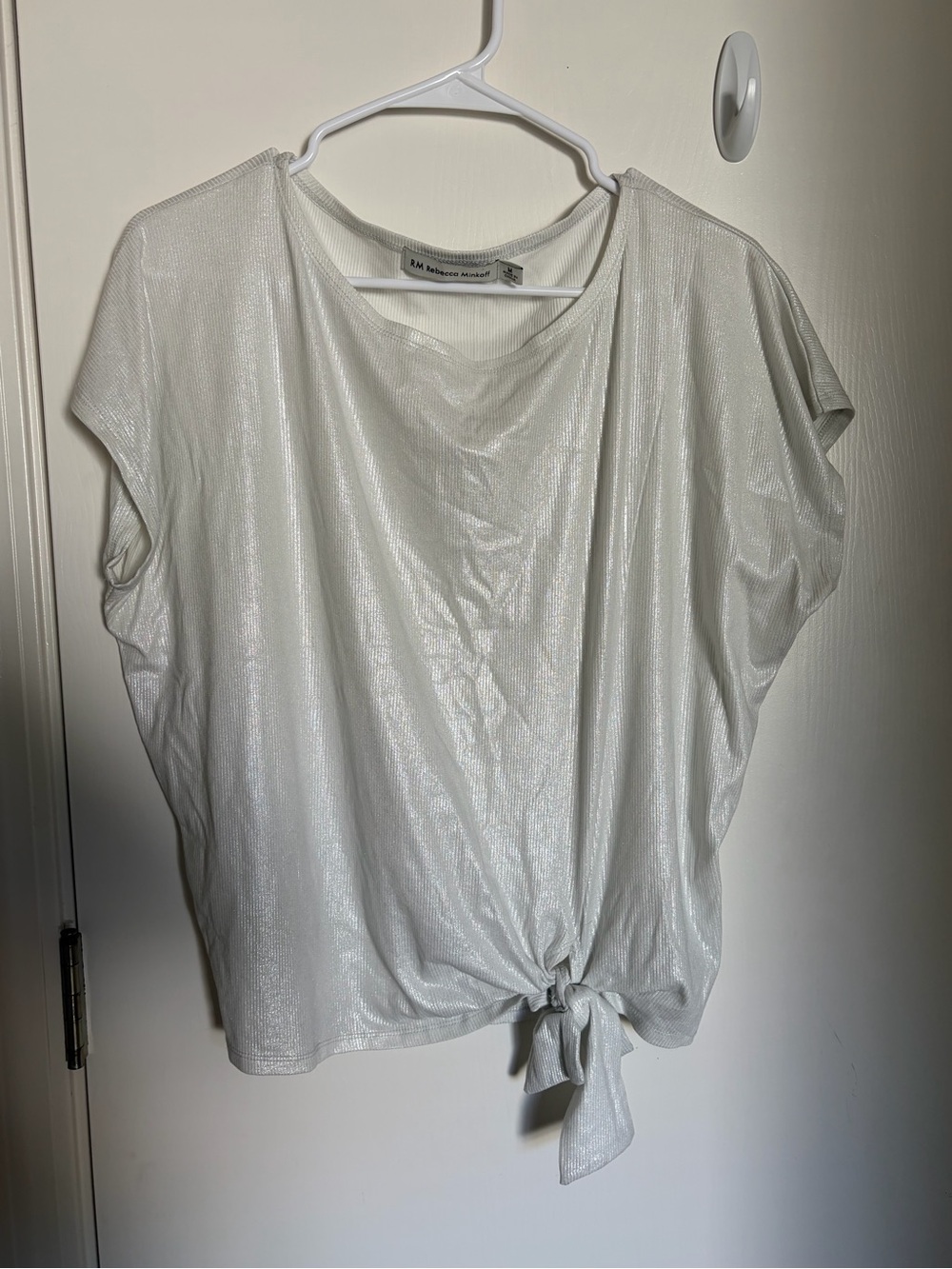 Rebecca Minkoff Shimmery White Short Sleeve Tie-Front Crop Top